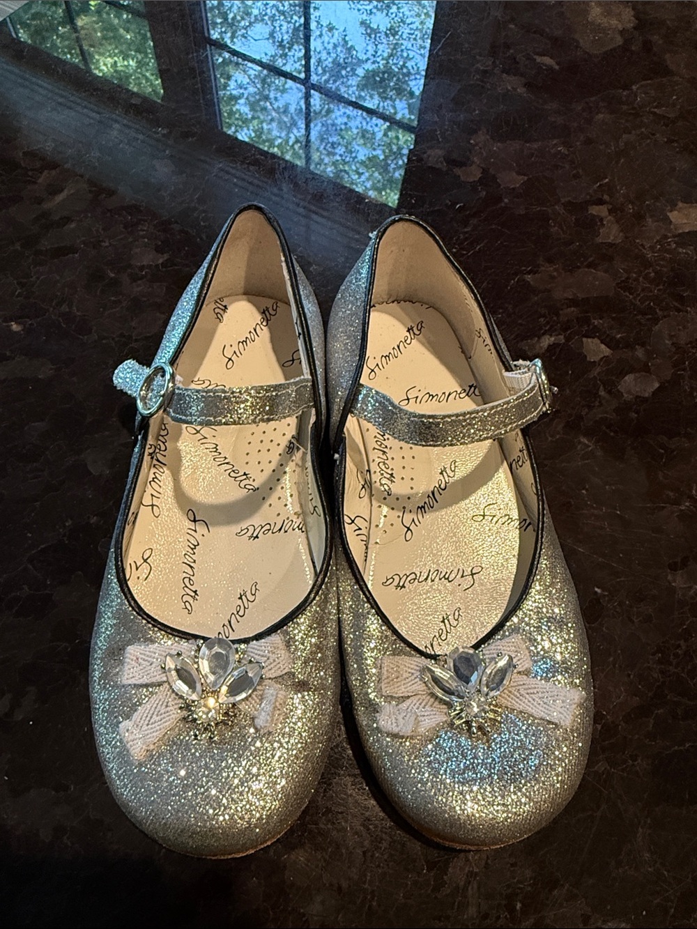 Simonetta Girls' Sparkling Silver Mary Janes with Bow Jewel